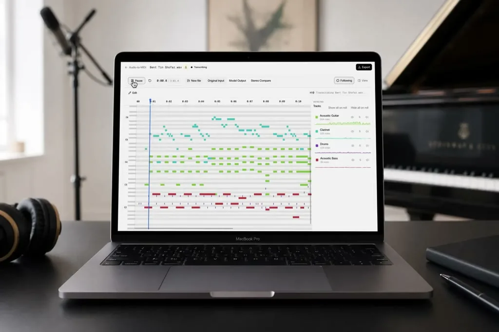 Mirelo audio-to-MIDI demo showing transcription with separated instrument tracks