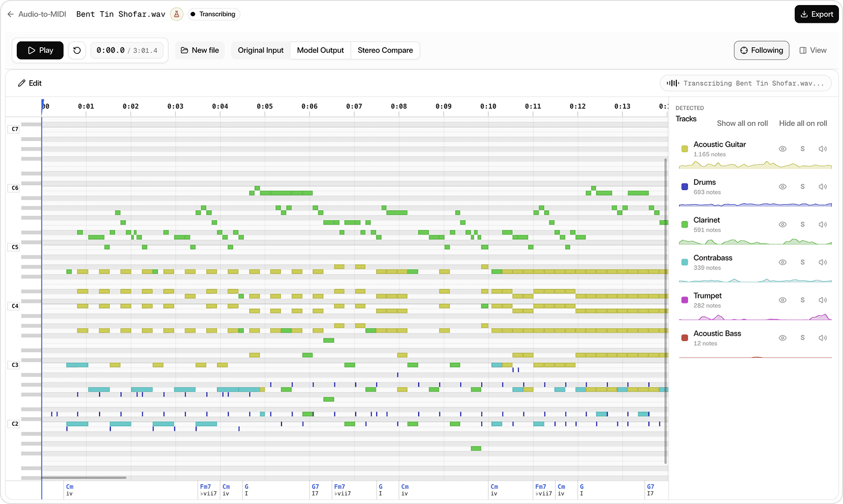 Audio-to-MIDI app showing instrument tracks on a piano roll with chord detection
